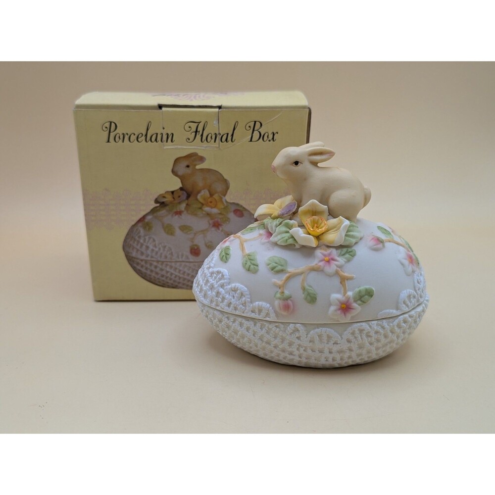Vintage Bisque Porcelain Spring Bunny Floral Egg Trinket Box Collectible W/ Box